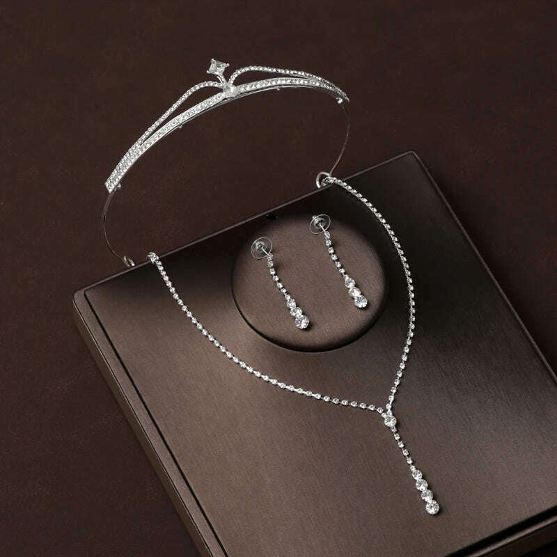 Luxury Silver Color Crystal Water Drop Bridal Jewelry Sets Rhinestone Tiaras Crown Necklace Earrings Wedding Dubai Jewelry Set - KIMLUD
