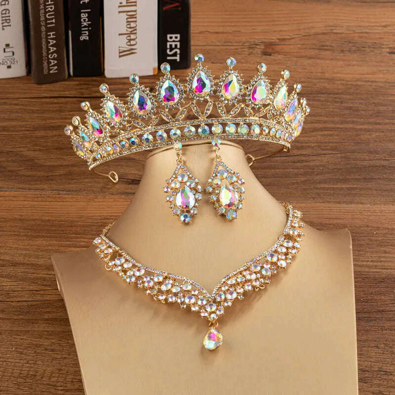 Luxury Silver Color Crystal Water Drop Bridal Jewelry Sets Rhinestone Tiaras Crown Necklace Earrings Wedding Dubai Jewelry Set - KIMLUD