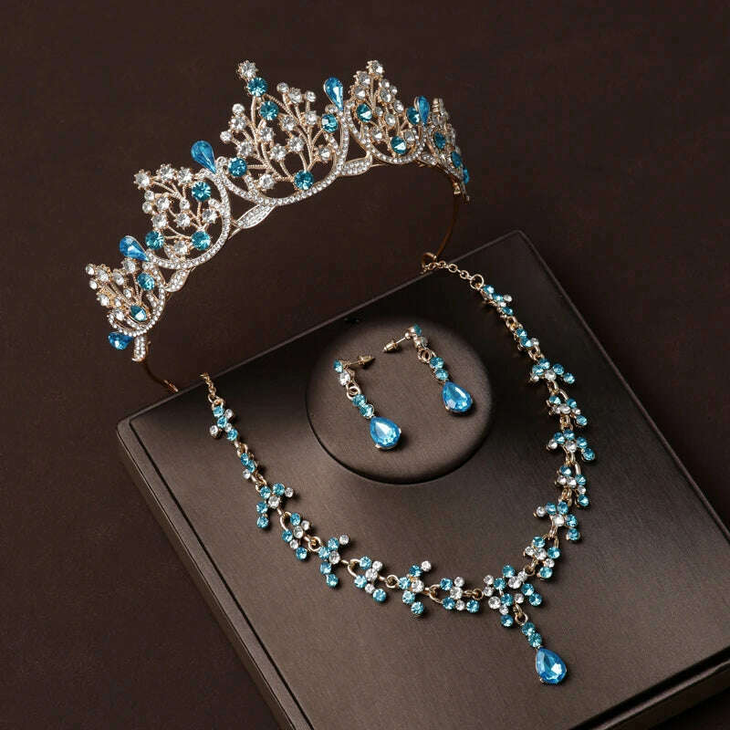 Luxury Silver Color Crystal Water Drop Bridal Jewelry Sets Rhinestone Tiaras Crown Necklace Earrings Wedding Dubai Jewelry Set - KIMLUD