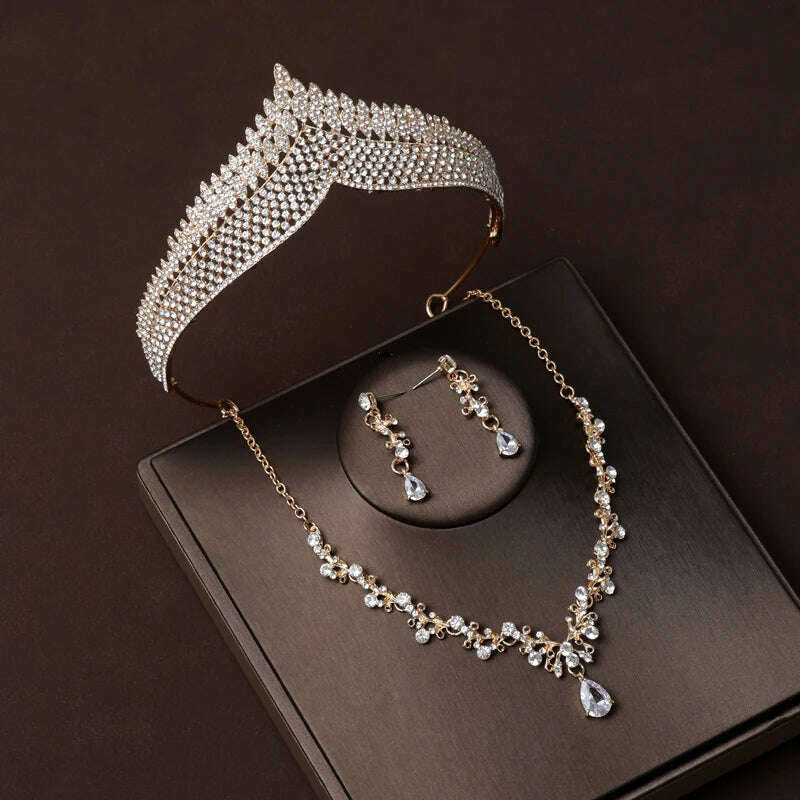 Luxury Silver Color Crystal Water Drop Bridal Jewelry Sets Rhinestone Tiaras Crown Necklace Earrings Wedding Dubai Jewelry Set - KIMLUD