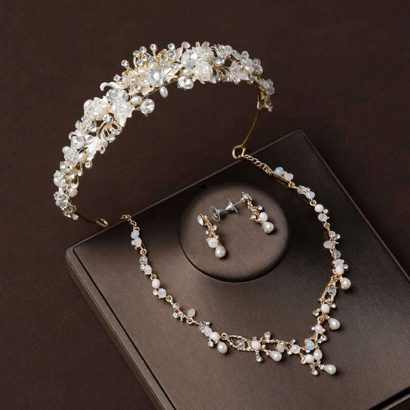 Luxury Silver Color Crystal Water Drop Bridal Jewelry Sets Rhinestone Tiaras Crown Necklace Earrings Wedding Dubai Jewelry Set - KIMLUD