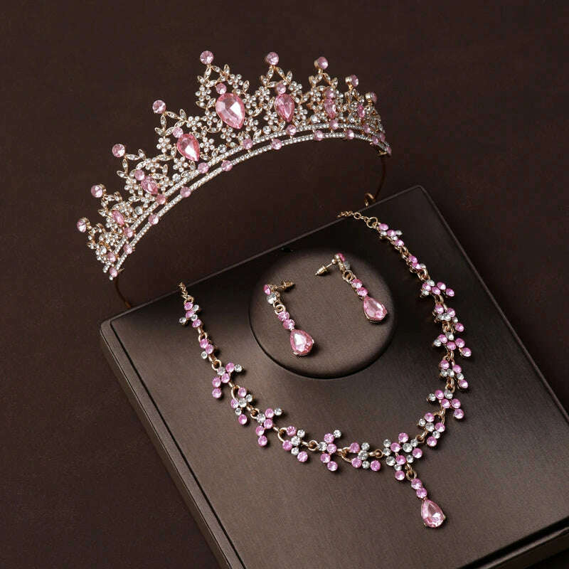 Luxury Silver Color Crystal Water Drop Bridal Jewelry Sets Rhinestone Tiaras Crown Necklace Earrings Wedding Dubai Jewelry Set - KIMLUD