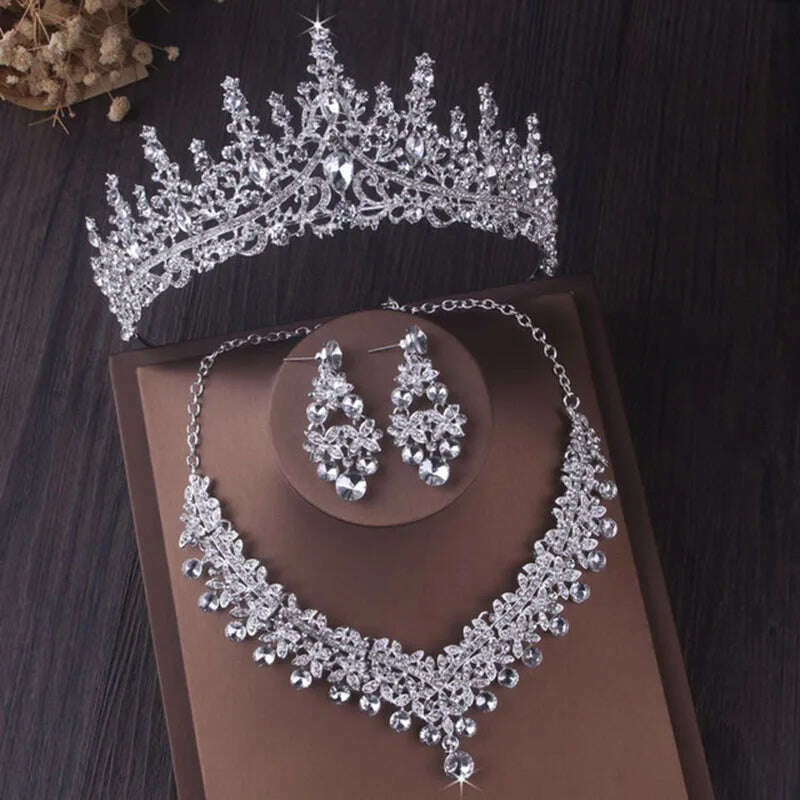 Luxury Silver Color Crystal Water Drop Bridal Jewelry Sets Rhinestone Tiaras Crown Necklace Earrings Wedding Dubai Jewelry Set - KIMLUD