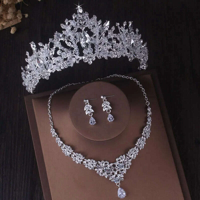 Luxury Silver Color Crystal Water Drop Bridal Jewelry Sets Rhinestone Tiaras Crown Necklace Earrings Wedding Dubai Jewelry Set - KIMLUD