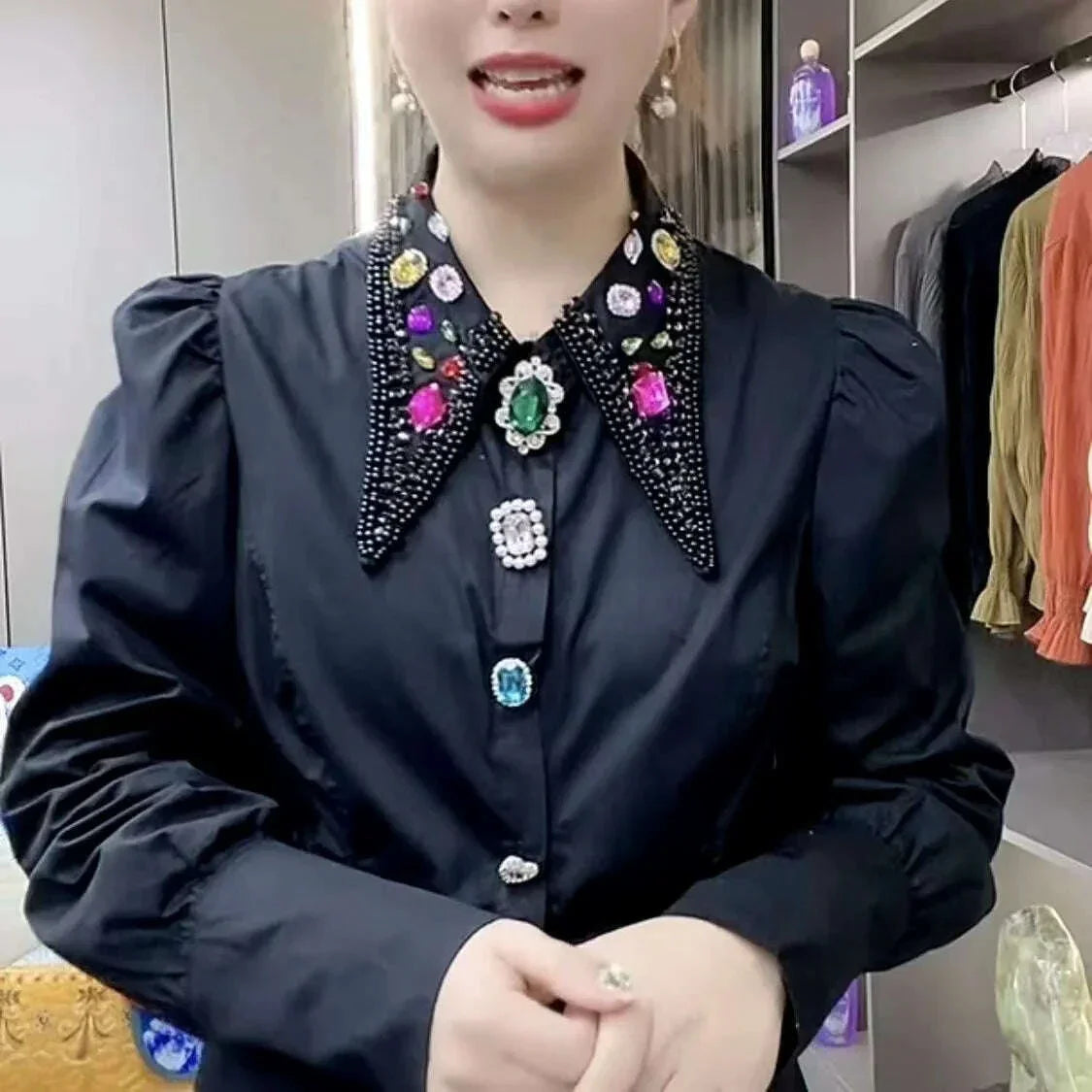 KIMLUD, Sparkling Women Rhinestones Beaded Cotton Shirts and Blouses Autumn Spring White Black Diamonds Loose Tops Blusas Female, KIMLUD Womens Clothes