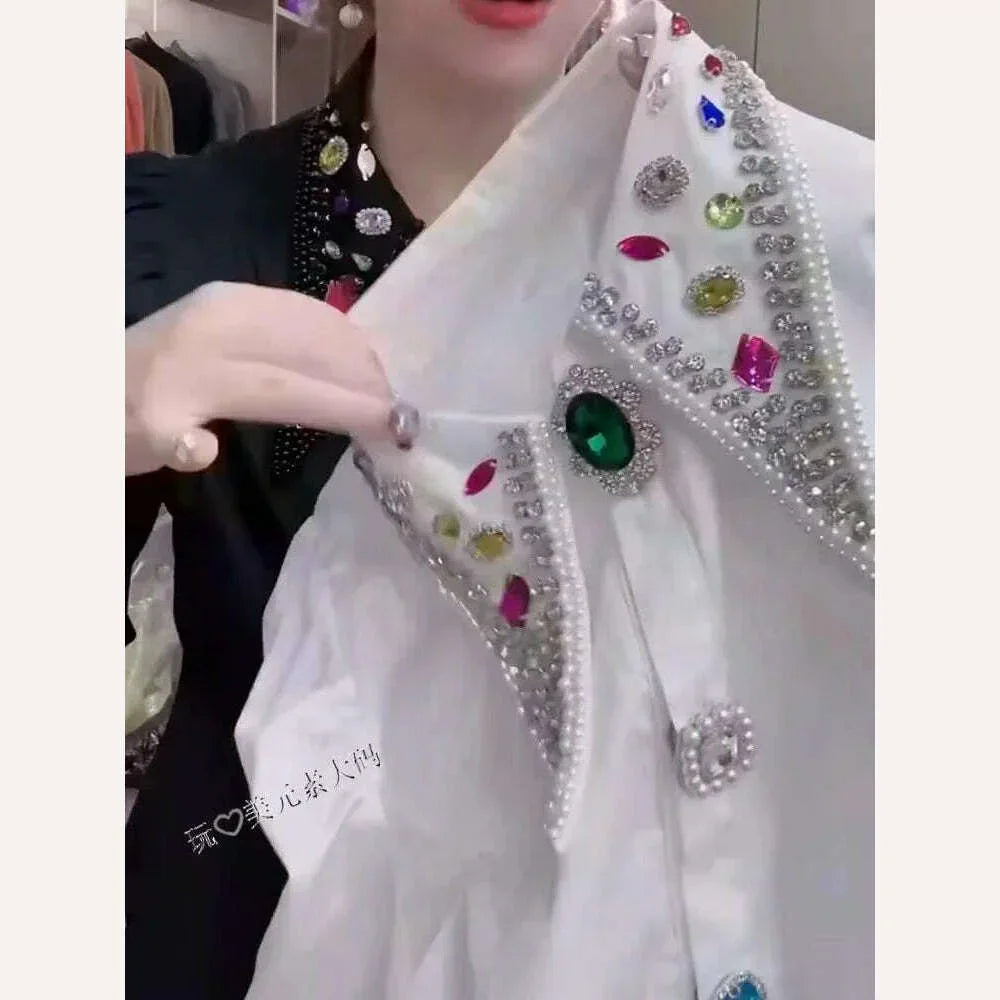 KIMLUD, Sparkling Women Rhinestones Beaded Cotton Shirts and Blouses Autumn Spring White Black Diamonds Loose Tops Blusas Female, KIMLUD Womens Clothes