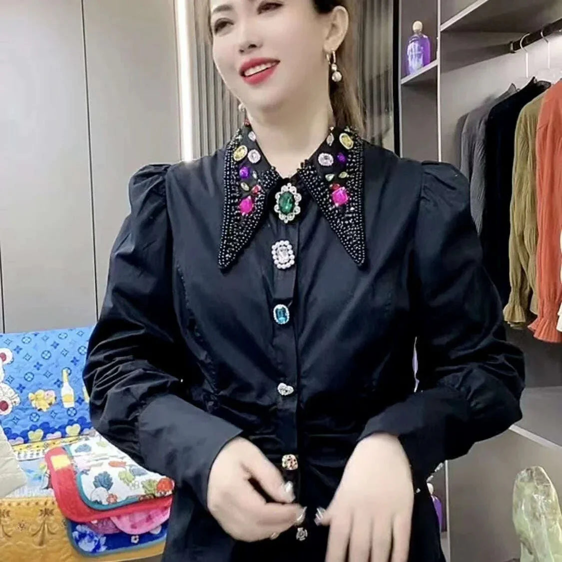 KIMLUD, Sparkling Women Rhinestones Beaded Cotton Shirts and Blouses Autumn Spring White Black Diamonds Loose Tops Blusas Female, KIMLUD Womens Clothes