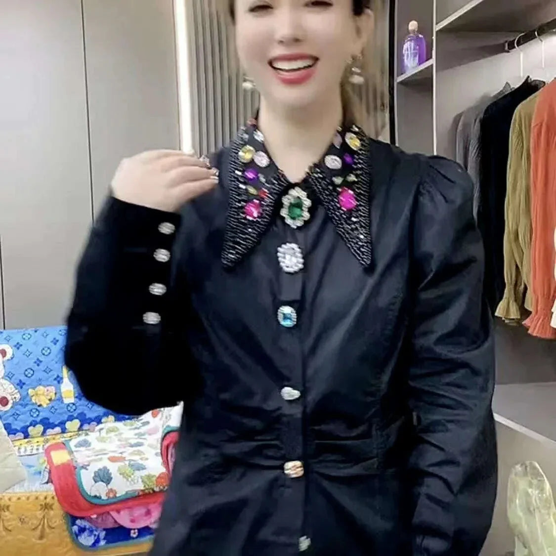 KIMLUD, Sparkling Women Rhinestones Beaded Cotton Shirts and Blouses Autumn Spring White Black Diamonds Loose Tops Blusas Female, KIMLUD Womens Clothes