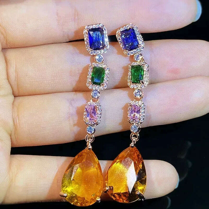 KIMLUD, Luxury Square Purple Cubic Zirconia Crystal Earrings for Women New FashionExquisite Fashion Gold Color Dangle Wedding Jewelry, E2294, KIMLUD APPAREL - Womens Clothes