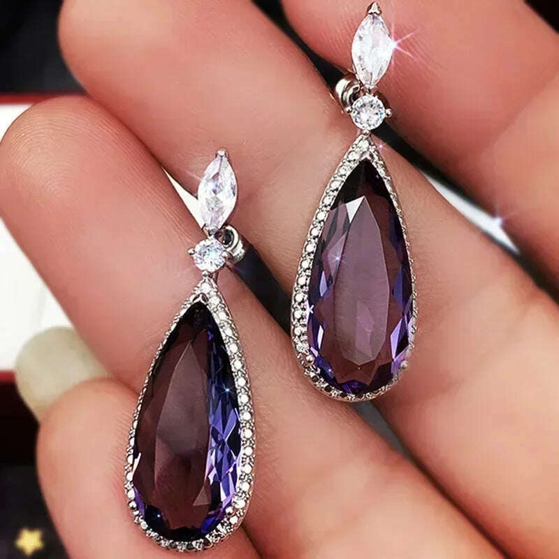 KIMLUD, Luxury Square Purple Cubic Zirconia Crystal Earrings for Women New FashionExquisite Fashion Gold Color Dangle Wedding Jewelry, E1448 Earrings, KIMLUD APPAREL - Womens Clothes