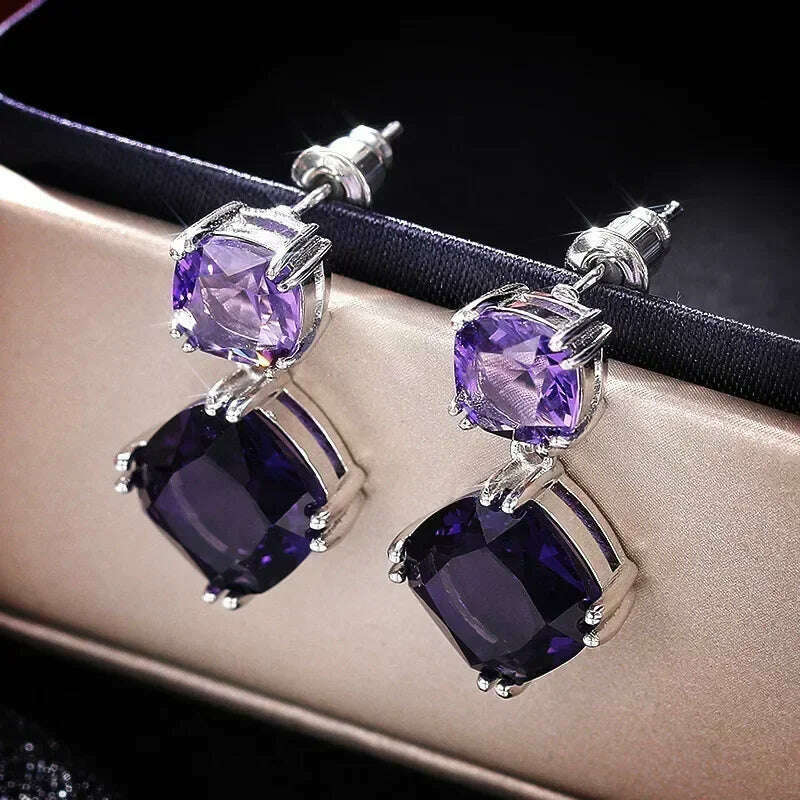 KIMLUD, Luxury Square Purple Cubic Zirconia Crystal Earrings for Women New FashionExquisite Fashion Gold Color Dangle Wedding Jewelry, E889Earrings, KIMLUD APPAREL - Womens Clothes