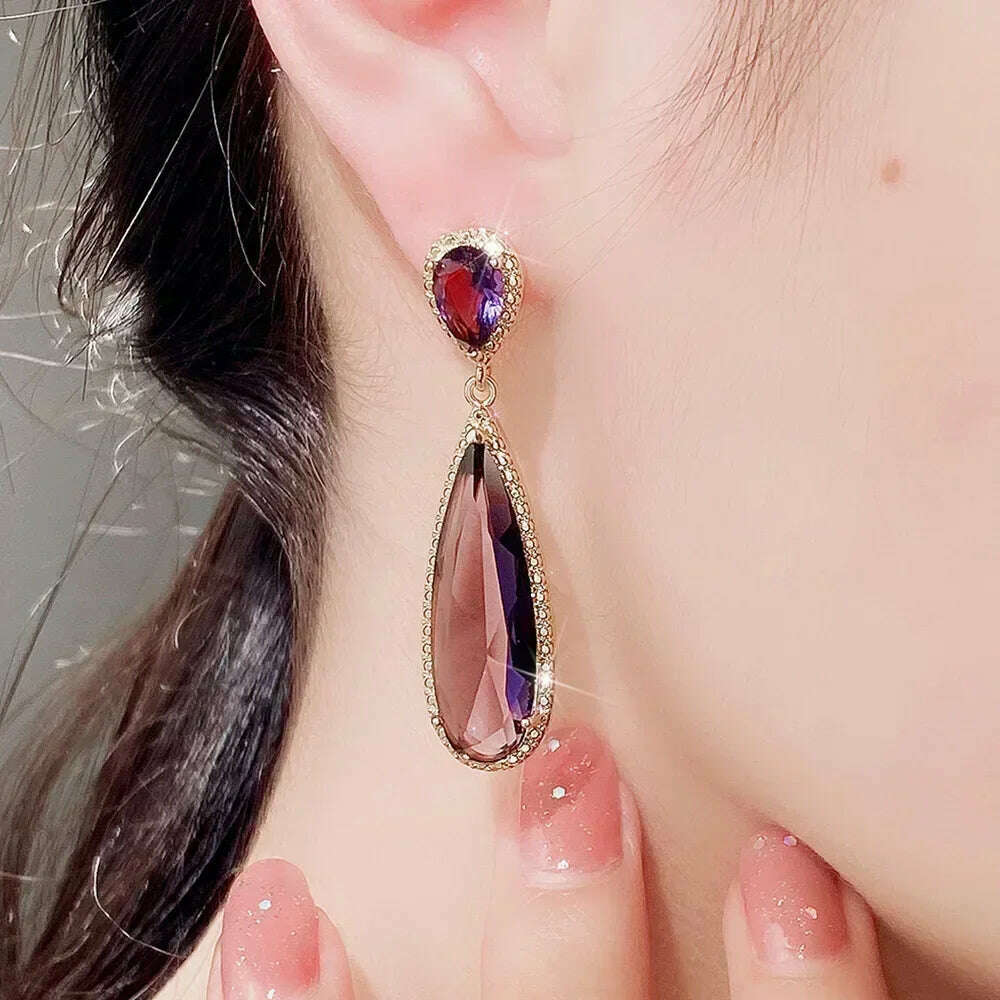 KIMLUD, Luxury Square Purple Cubic Zirconia Crystal Earrings for Women New FashionExquisite Fashion Gold Color Dangle Wedding Jewelry, E1848 purple, KIMLUD APPAREL - Womens Clothes