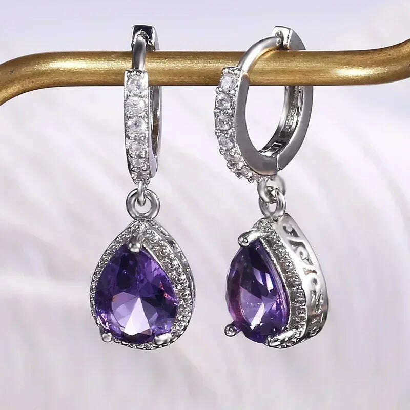 KIMLUD, Luxury Square Purple Cubic Zirconia Crystal Earrings for Women New FashionExquisite Fashion Gold Color Dangle Wedding Jewelry, E070, KIMLUD APPAREL - Womens Clothes