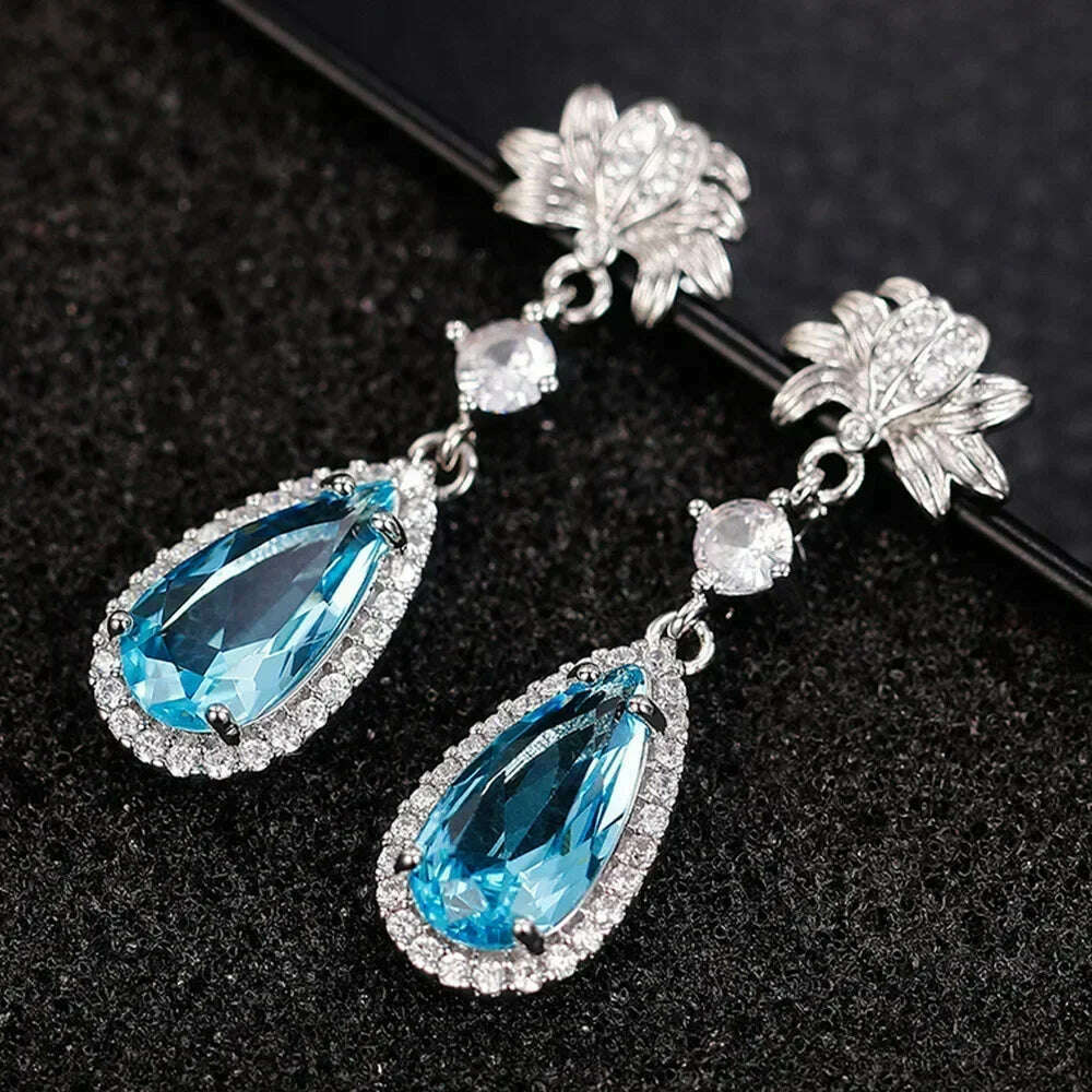 KIMLUD, Luxury Square Purple Cubic Zirconia Crystal Earrings for Women New FashionExquisite Fashion Gold Color Dangle Wedding Jewelry, E2023 blue, KIMLUD APPAREL - Womens Clothes