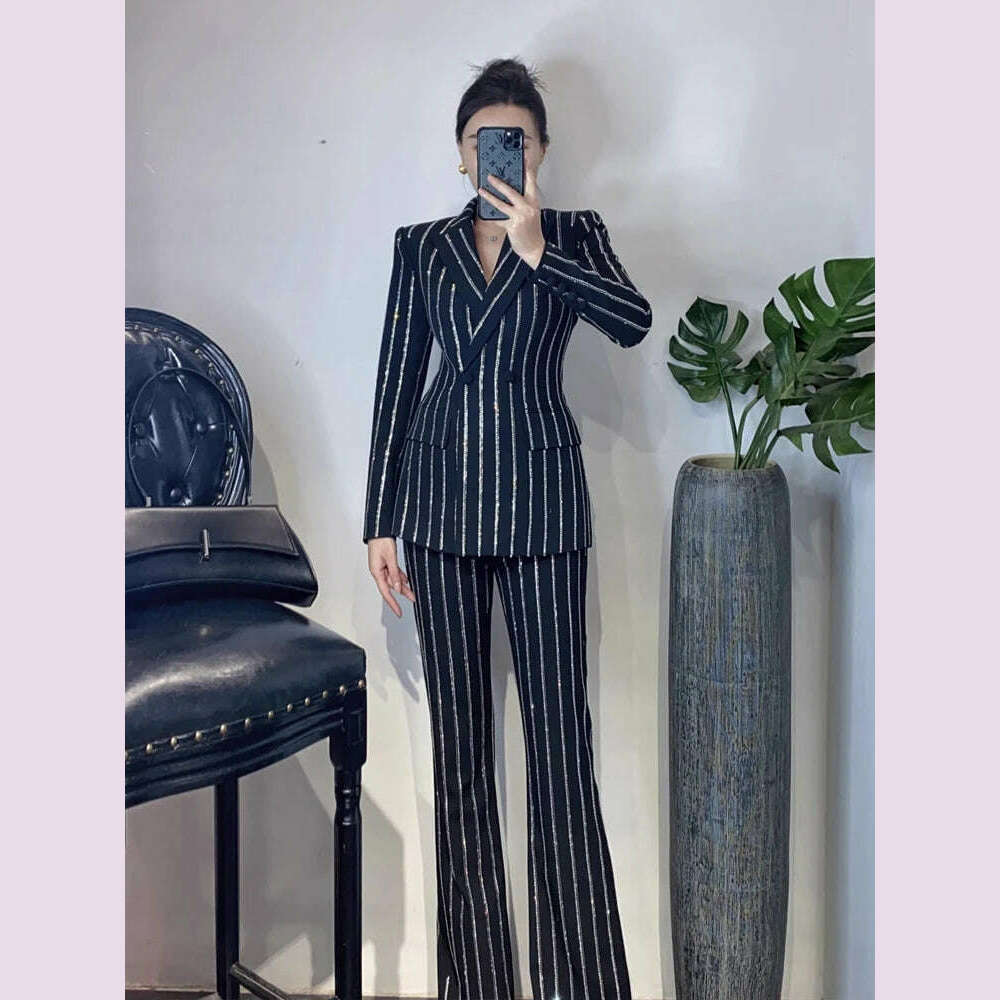 KIMLUD, Luxury Striped 2 piece set for women Rhinestone double breasted blazer And Flare pants 2024 Autumn winter Office lady suit 4O083, KIMLUD Womens Clothes