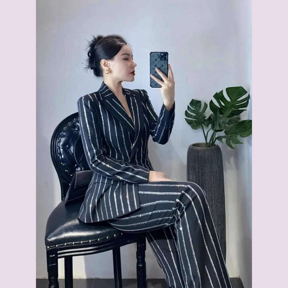 KIMLUD, Luxury Striped 2 piece set for women Rhinestone double breasted blazer And Flare pants 2024 Autumn winter Office lady suit 4O083, KIMLUD Womens Clothes