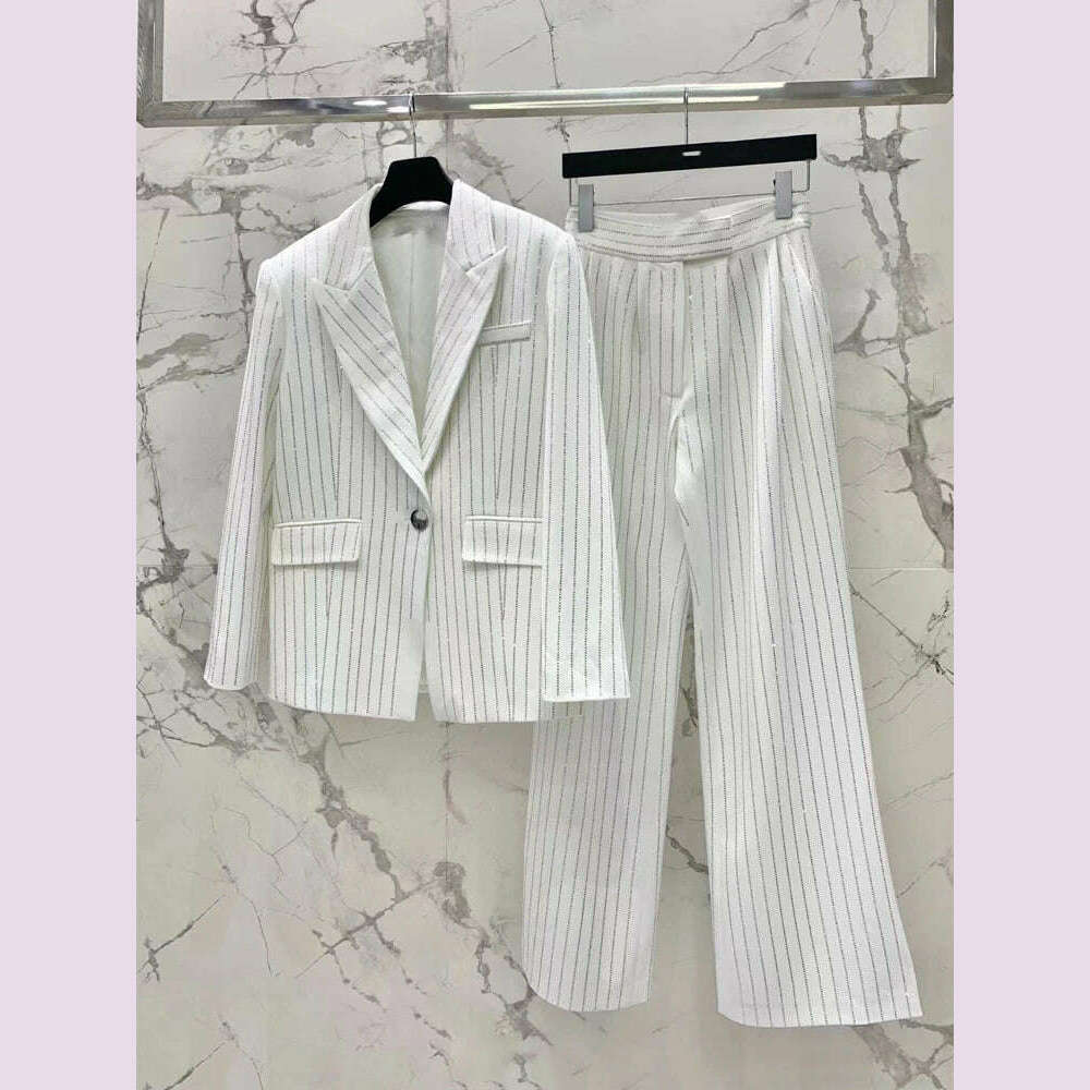 KIMLUD, Luxury Striped 2 piece set for women Rhinestone double breasted blazer And Flare pants 2024 Autumn winter Office lady suit 4O083, WHITE / L, KIMLUD APPAREL - Womens Clothes