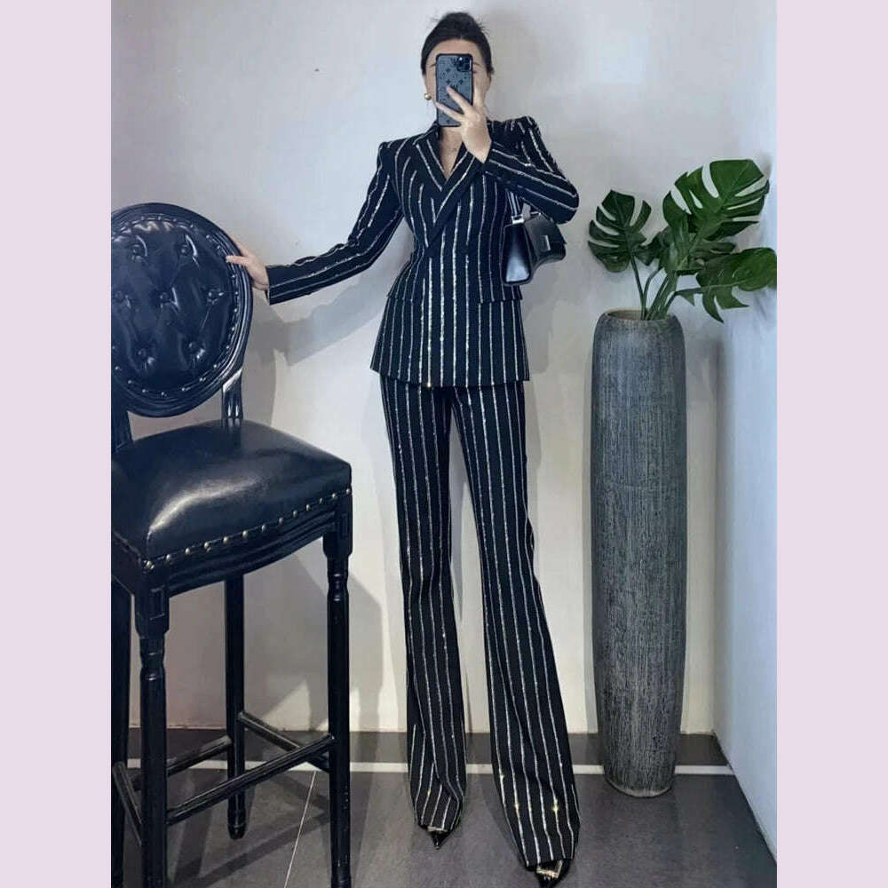 KIMLUD, Luxury Striped 2 piece set for women Rhinestone double breasted blazer And Flare pants 2024 Autumn winter Office lady suit 4O083, black / XL, KIMLUD APPAREL - Womens Clothes