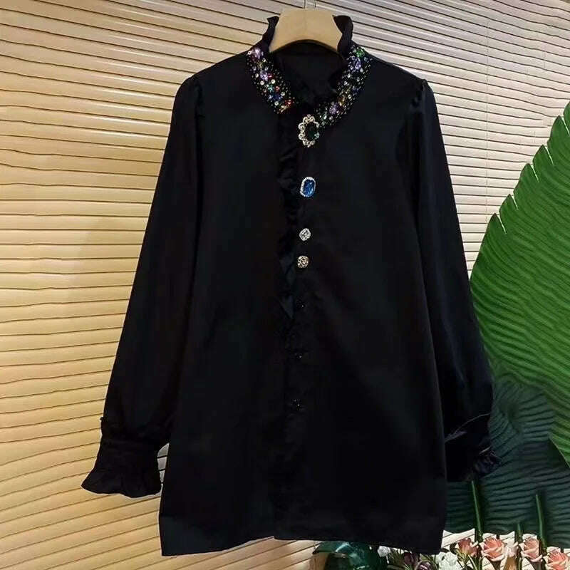 KIMLUD, Luxury Style Women Sparking Bead Diamond Stitch Loose Cotton Mid-length Shirts Blouses Autumn Spring Tops Blusas White Black Red, black / XXXL, KIMLUD APPAREL - Womens Clothes