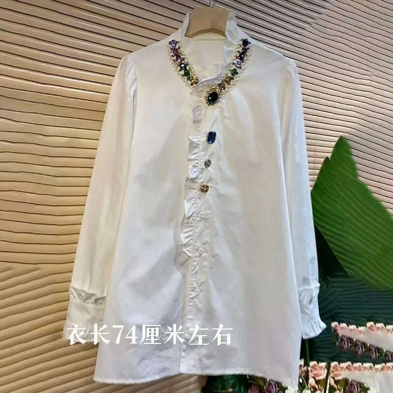 KIMLUD, Luxury Style Women Sparking Bead Diamond Stitch Loose Cotton Mid-length Shirts Blouses Autumn Spring Tops Blusas White Black Red, WHITE / XXXL, KIMLUD APPAREL - Womens Clothes
