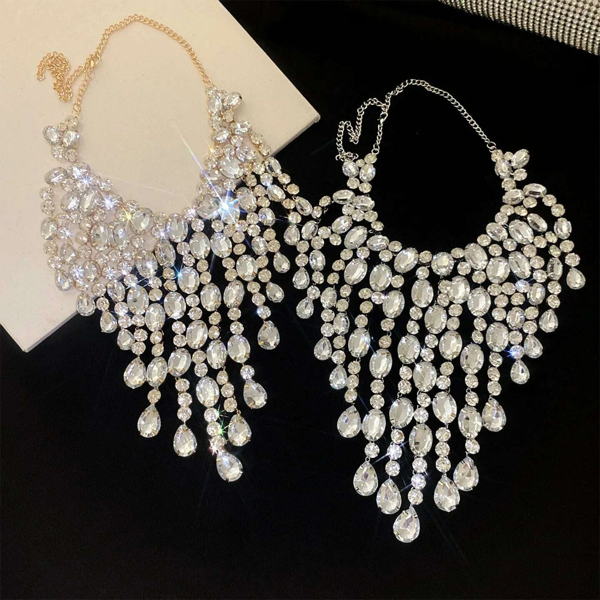 Luxury Tassel Water Drop Rhinestone Choker Necklace for Women Oversized Sparkly Elegant Evening Party Wedding Statement Jewelry