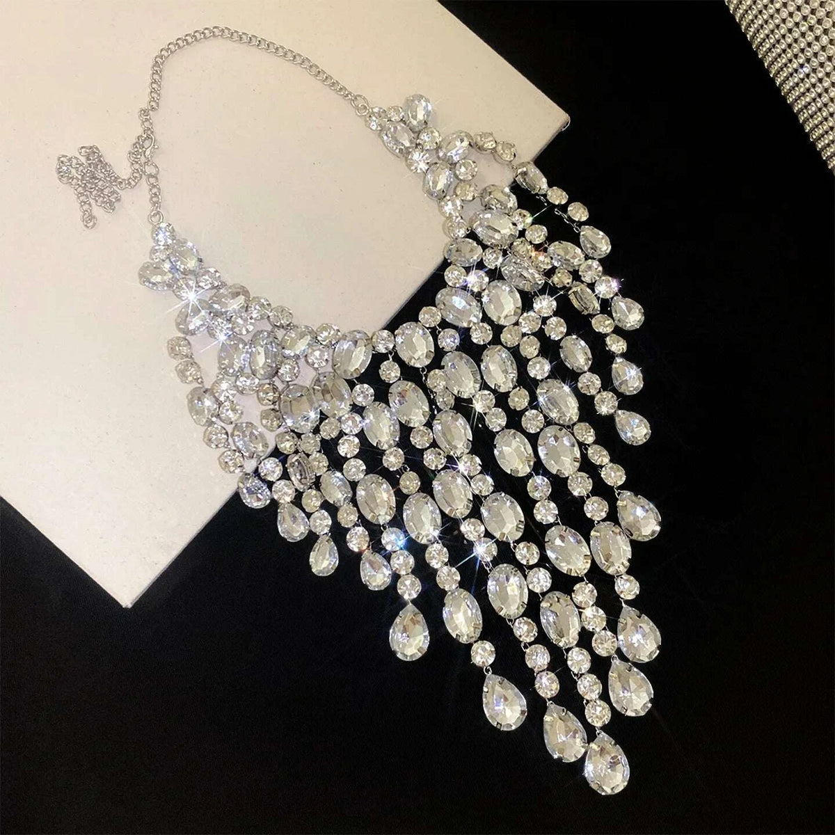 Luxury Tassel Water Drop Rhinestone Choker Necklace for Women Oversized Sparkly Elegant Evening Party Wedding Statement Jewelry