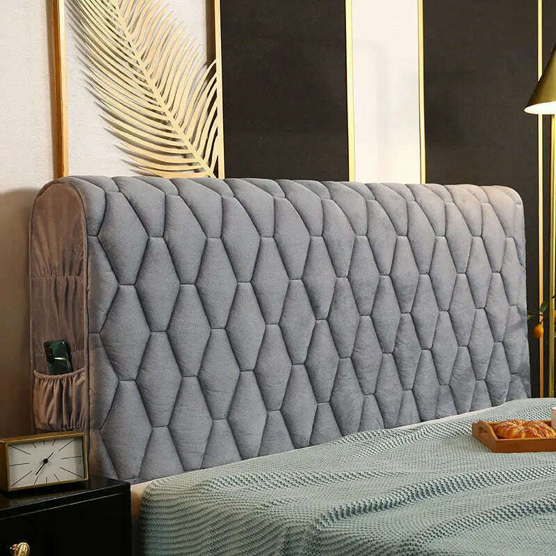 KIMLUD, Luxury Thicken Velvet Quilted Headboard Cover Solid Color High Grade All-inclusive Bedside Cover Soft Plush Bed Head Cover, Gray / W150 x H68cm, KIMLUD APPAREL - Womens Clothes