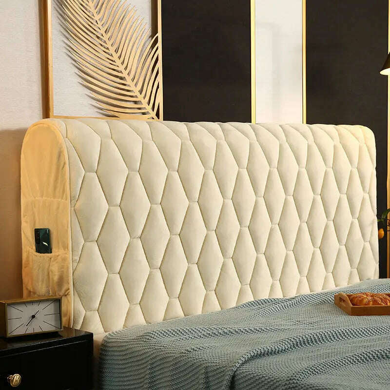 KIMLUD, Luxury Thicken Velvet Quilted Headboard Cover Solid Color High Grade All-inclusive Bedside Cover Soft Plush Bed Head Cover, Beige / W150 x H68cm, KIMLUD APPAREL - Womens Clothes