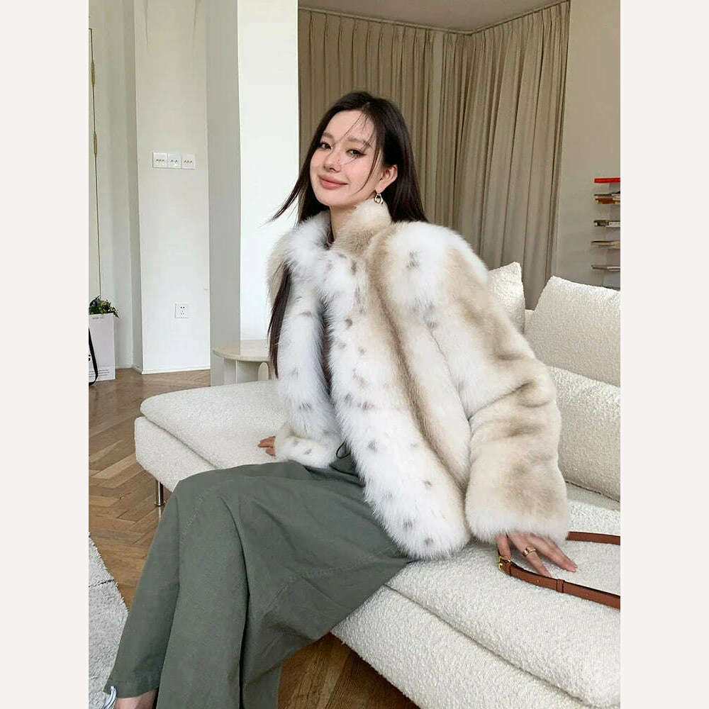 KIMLUD, Luxury Tie-dye Fluffy Real Fur Coat for Women 2024 New High-end Simple Stand Collar Genuine Leather Fox Fur Jacket Winter, KIMLUD Womens Clothes