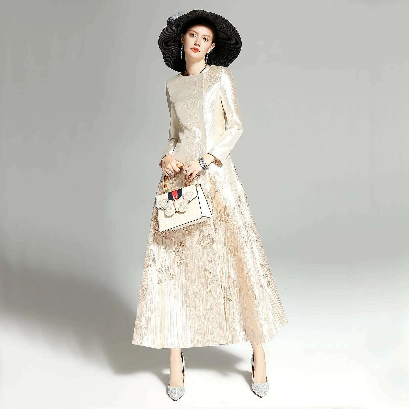 KIMLUD, Luxury Trench Women Autumn Winter Jacquard Coat Floral Covered Button Long Dress Coat Jacket Overcoat New Year Evening Wear Gift, KIMLUD Womens Clothes
