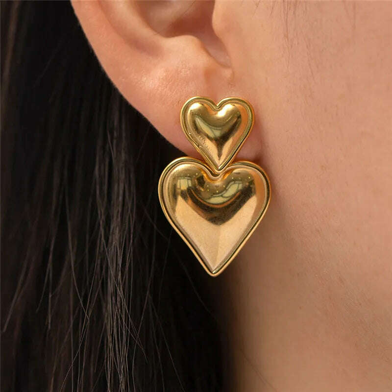 KIMLUD, Luxury Trendy Double Heart Shaped Earrings Gold Plated Smooth Metal Love Drop Earrings For Women Jewelry Party Gift, KIMLUD Womens Clothes