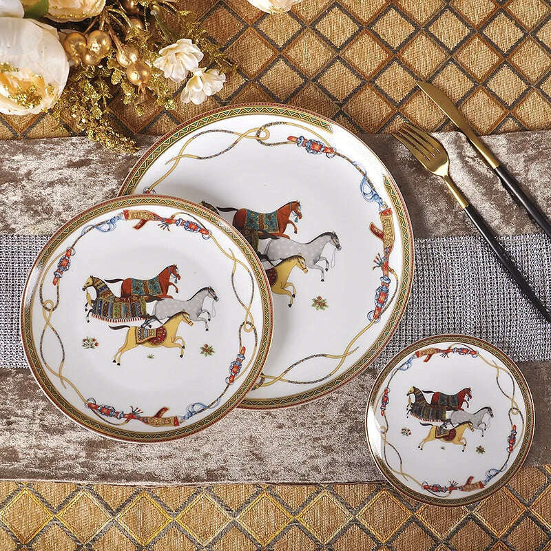 KIMLUD, Luxury War Horse Bone China Dinnerware Set Royal Feast Jingdezhen Porcelain Western Plate Dish Home Decoration Wedding Gifts, KIMLUD Womens Clothes