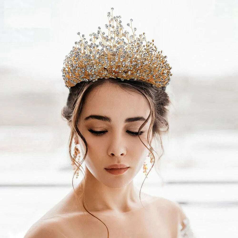 KIMLUD, Luxury Wedding Jewelry Set Bridal Headwear Crown Necklace And Earrings AB Color Crystal Rhinestone Jewelry Sets Handmade Unique, KIMLUD Womens Clothes