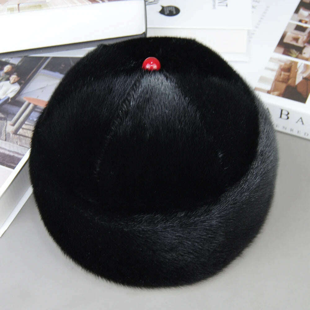 Luxury Winter Unisex Top Real Mink Fur Bomber Hat Unisex Genuine Marten Head Warm Black/Brown Caps Best Gift For Parents Gorras - KIMLUD