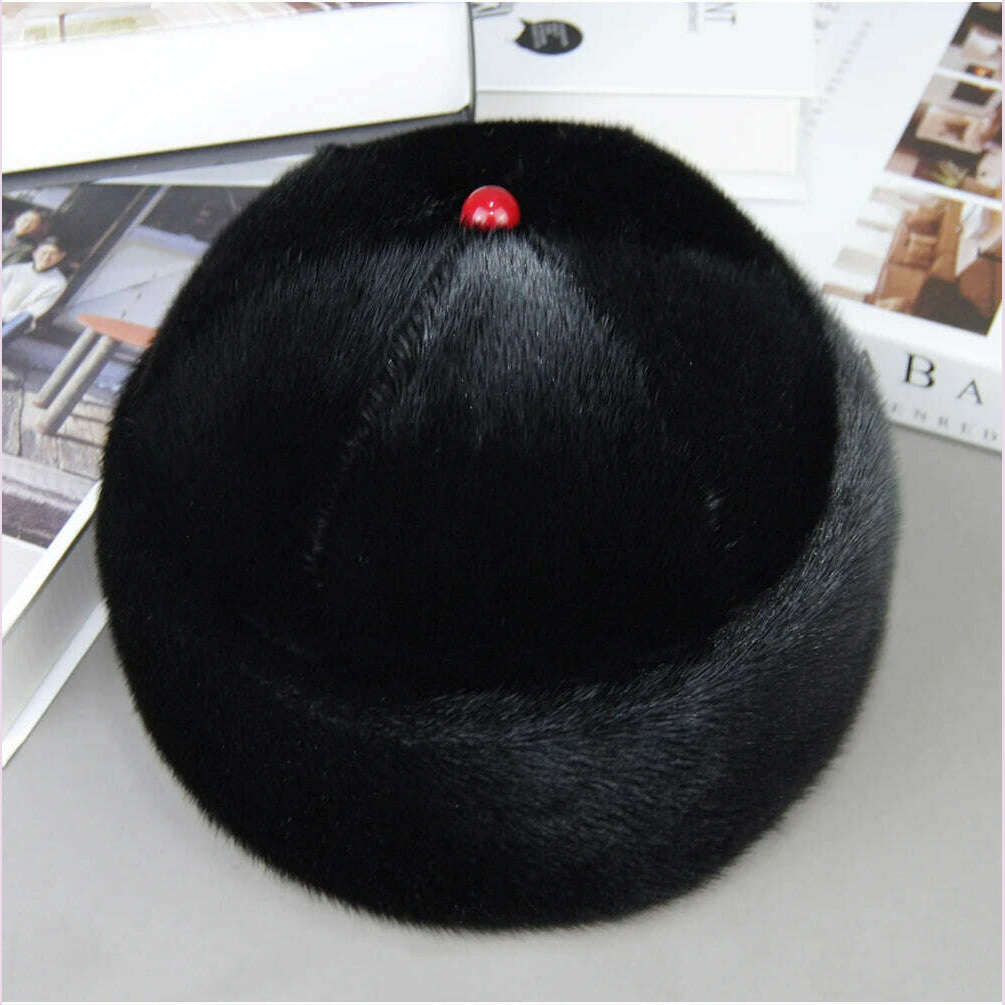 Luxury Winter Unisex Top Real Mink Fur Bomber Hat Unisex Genuine Marten Head Warm Black/Brown Caps Best Gift For Parents Gorras - KIMLUD