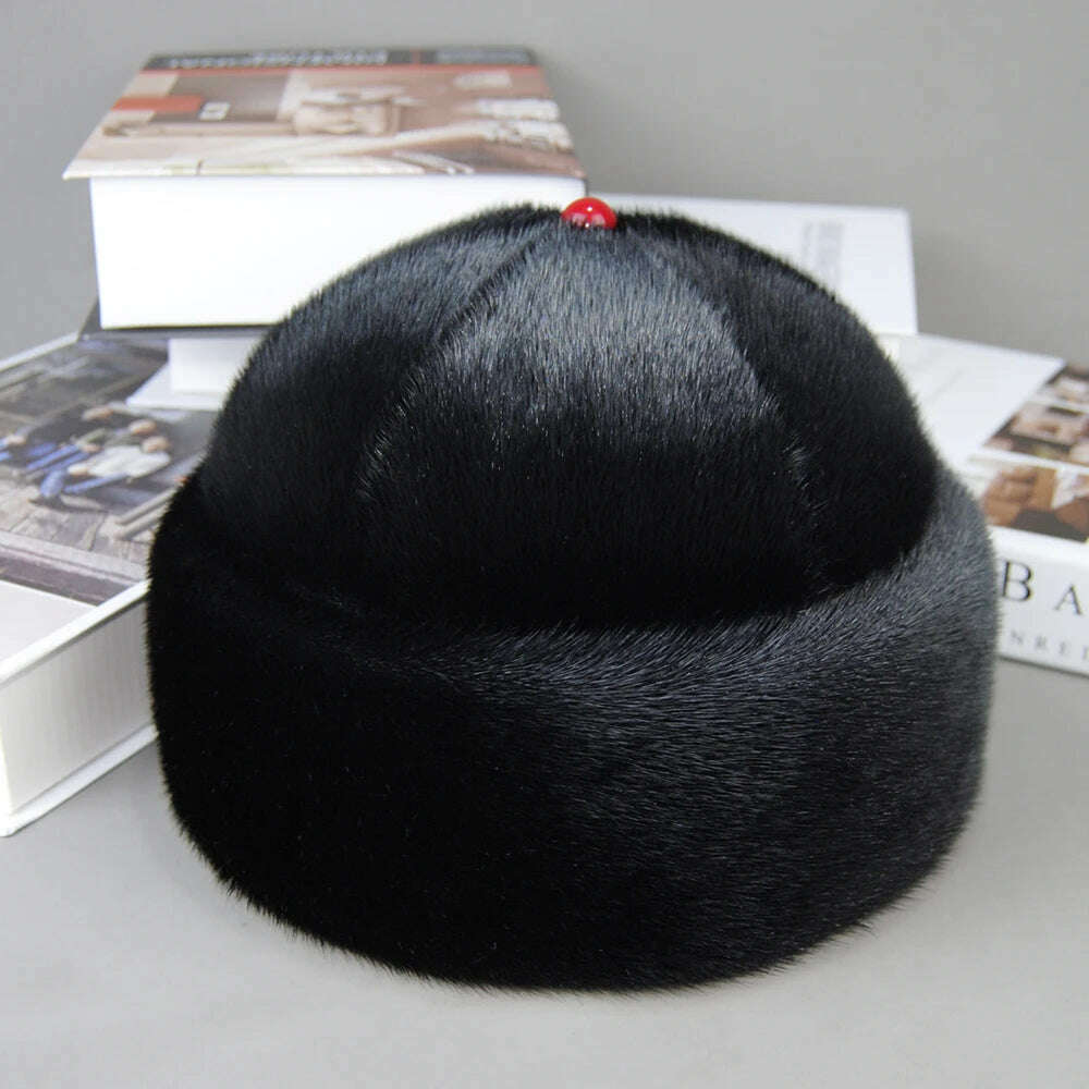 Luxury Winter Unisex Top Real Mink Fur Bomber Hat Unisex Genuine Marten Head Warm Black/Brown Caps Best Gift For Parents Gorras - KIMLUD