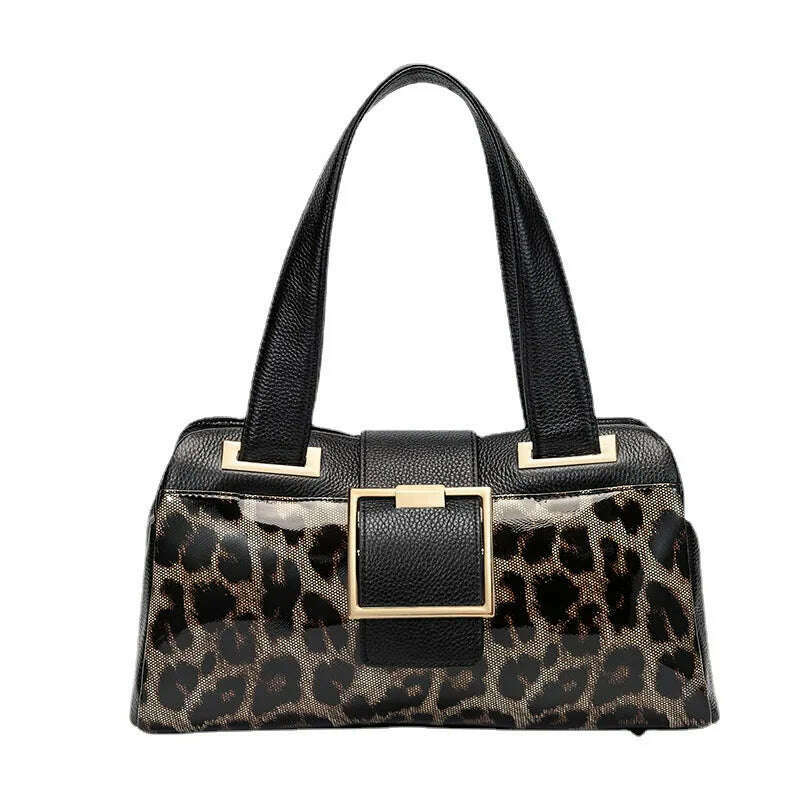 KIMLUD, Luxury Women Genuine Leather Handbag Leopard Printing Cow Leather Tote Bag Casual Cowhide Shoulder Bags, black women bag, KIMLUD Womens Clothes