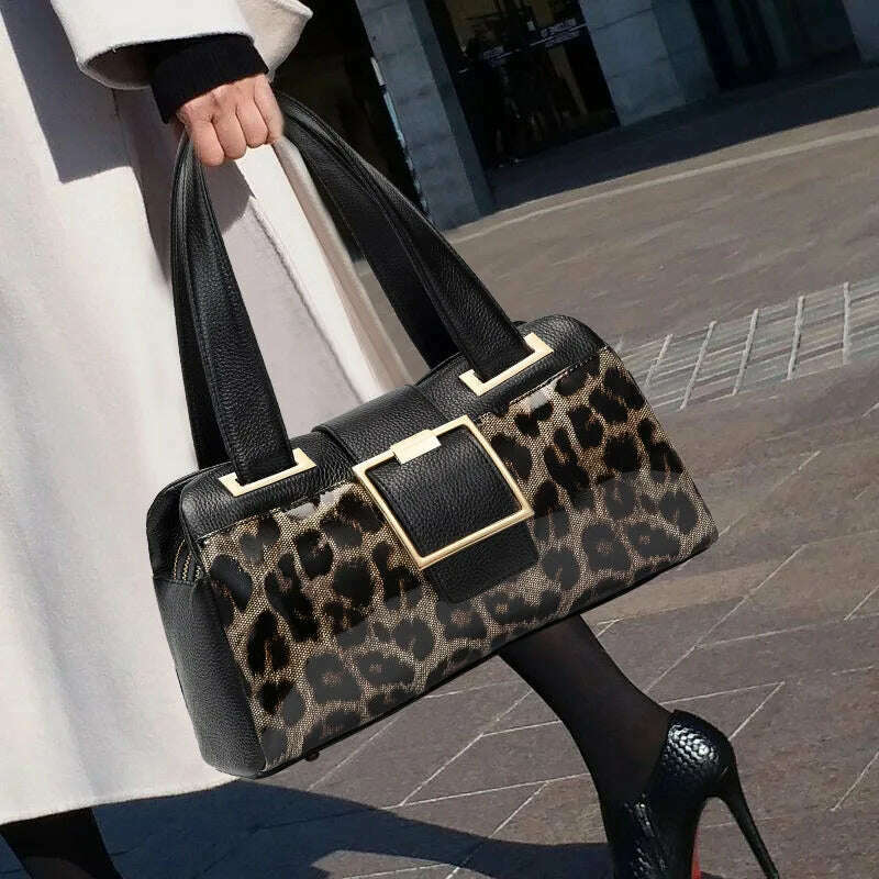 KIMLUD, Luxury Women Genuine Leather Handbag Leopard Printing Cow Leather Tote Bag Casual Cowhide Shoulder Bags, KIMLUD Womens Clothes