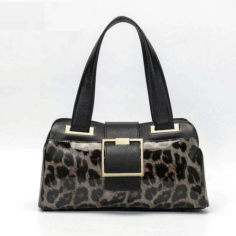 KIMLUD, Luxury Women Genuine Leather Handbag Leopard Printing Cow Leather Tote Bag Casual Cowhide Shoulder Bags, KIMLUD Womens Clothes