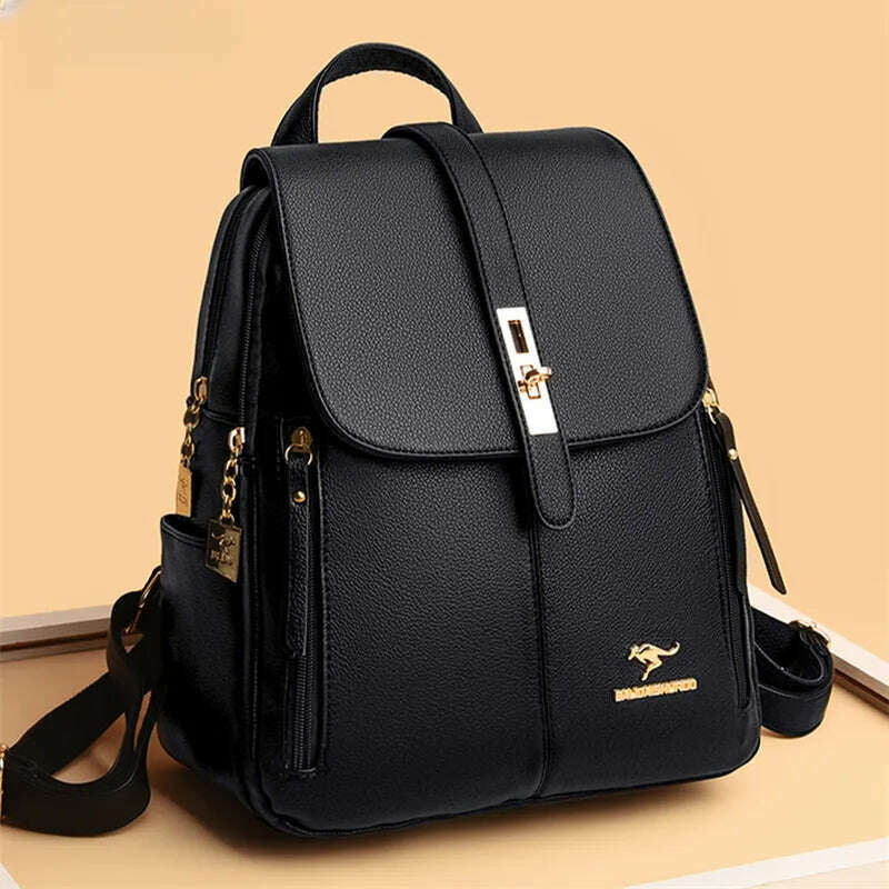 Luxury Women Leather Backpacks for Girls Sac A Dos Casual Daypack Black Vintage Backpack School Bags for Girls Mochila Rucksack - KIMLUD
