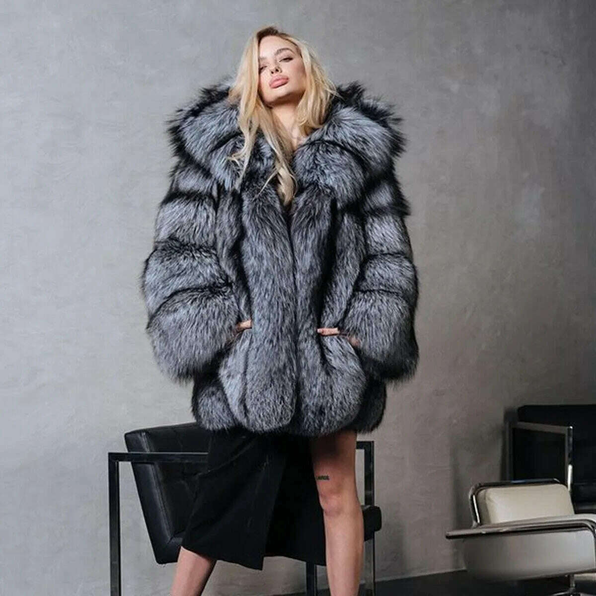 KIMLUD, Luxury Women Real Silver Fox Fur Coats Jacket Full Pelt Fluffy Fur Hood Overcoat authentic genuine fur coats free shipping, KIMLUD Womens Clothes