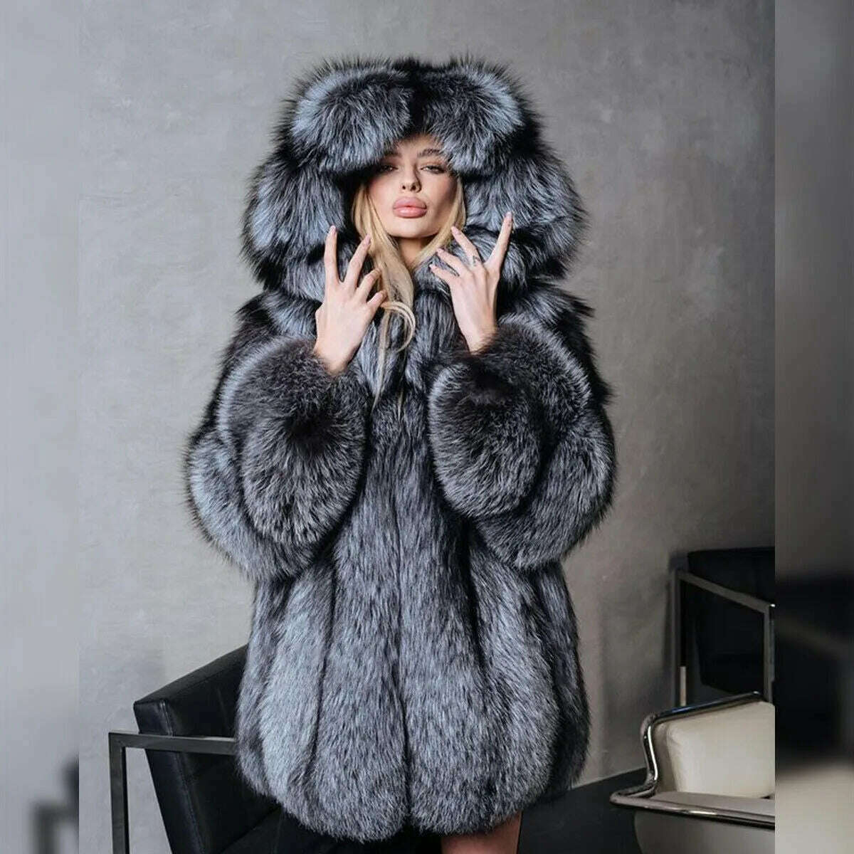 KIMLUD, Luxury Women Real Silver Fox Fur Coats Jacket Full Pelt Fluffy Fur Hood Overcoat authentic genuine fur coats free shipping, KIMLUD Womens Clothes