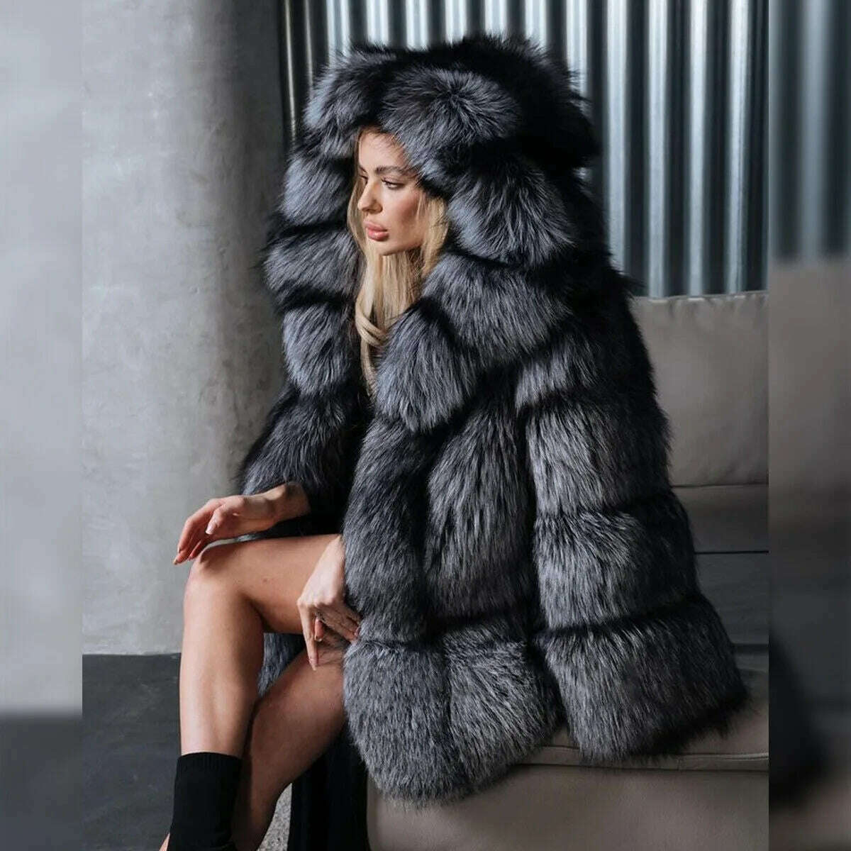 KIMLUD, Luxury Women Real Silver Fox Fur Coats Jacket Full Pelt Fluffy Fur Hood Overcoat authentic genuine fur coats free shipping, KIMLUD Womens Clothes