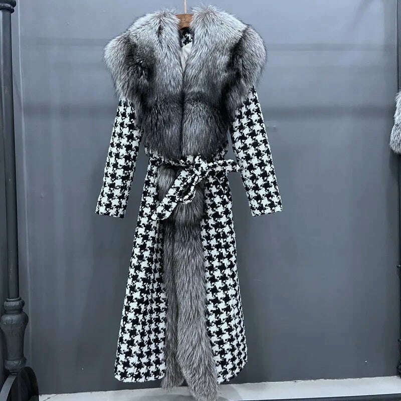 KIMLUD, Luxury Women Winter Coat X-Long Thick Warm Outwear With Real Big Silver Fox Fur Collar Trim Natural Fox Fur Collar Plaid Jacket, color 1 / S, KIMLUD APPAREL - Womens Clothes