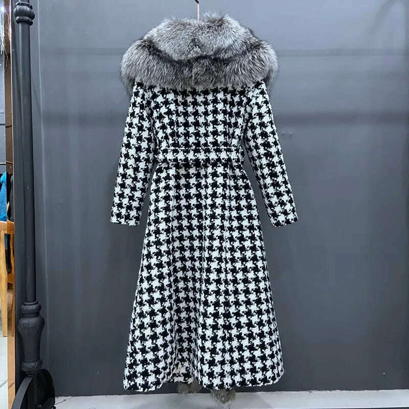 KIMLUD, Luxury Women Winter Coat X-Long Thick Warm Outwear With Real Big Silver Fox Fur Collar Trim Natural Fox Fur Collar Plaid Jacket, KIMLUD Womens Clothes