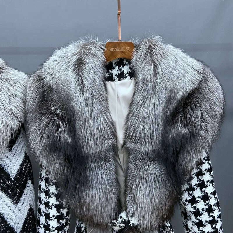 KIMLUD, Luxury Women Winter Coat X-Long Thick Warm Outwear With Real Big Silver Fox Fur Collar Trim Natural Fox Fur Collar Plaid Jacket, KIMLUD Womens Clothes