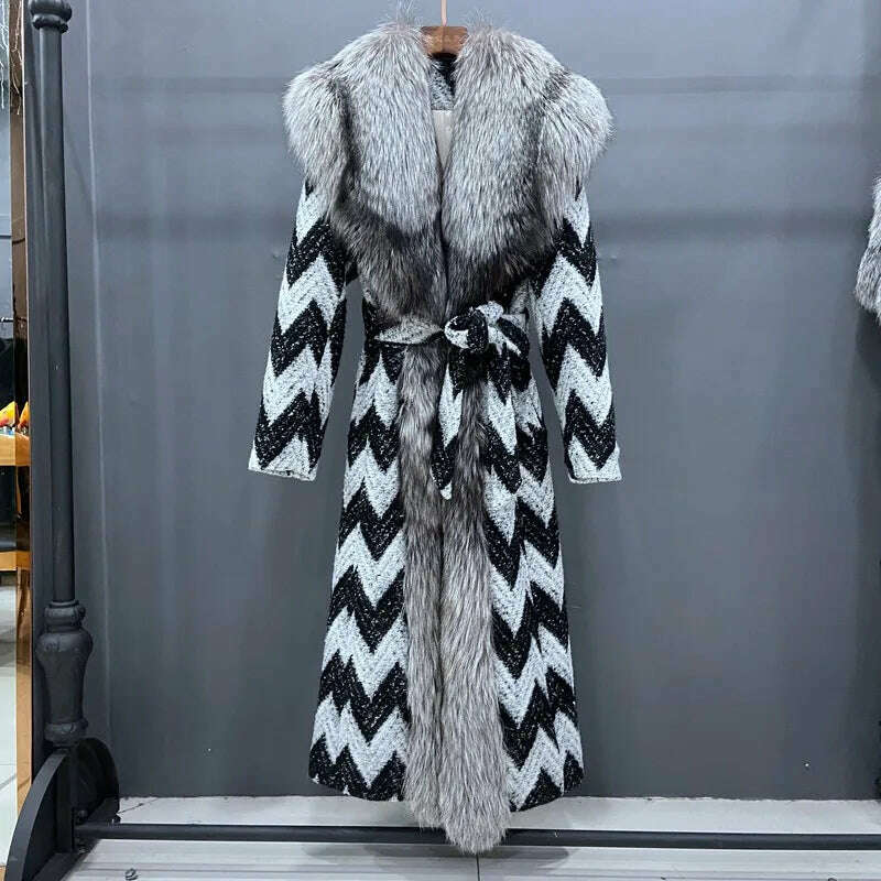 KIMLUD, Luxury Women Winter Coat X-Long Thick Warm Outwear With Real Big Silver Fox Fur Collar Trim Natural Fox Fur Collar Plaid Jacket, KIMLUD Womens Clothes