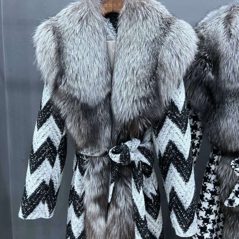 KIMLUD, Luxury Women Winter Coat X-Long Thick Warm Outwear With Real Big Silver Fox Fur Collar Trim Natural Fox Fur Collar Plaid Jacket, KIMLUD Womens Clothes