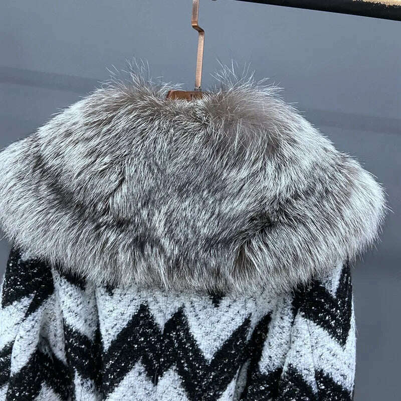 KIMLUD, Luxury Women Winter Coat X-Long Thick Warm Outwear With Real Big Silver Fox Fur Collar Trim Natural Fox Fur Collar Plaid Jacket, KIMLUD Womens Clothes