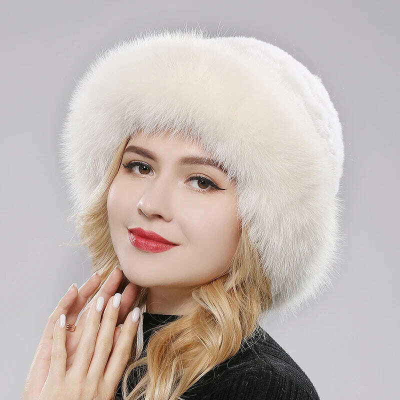 KIMLUD, Luxury Women Winter Hat Real Rex Rabbit Fur Bomber Hats Lady Winter Genuine Fox Fur Cap Beanies Warm Soft Fluffy Natural Fur Hat, beige / One Size, KIMLUD APPAREL - Womens Clothes